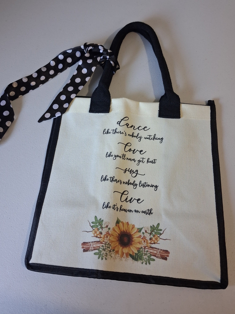 Canvas Sunflower Tote Bag with Black Trim